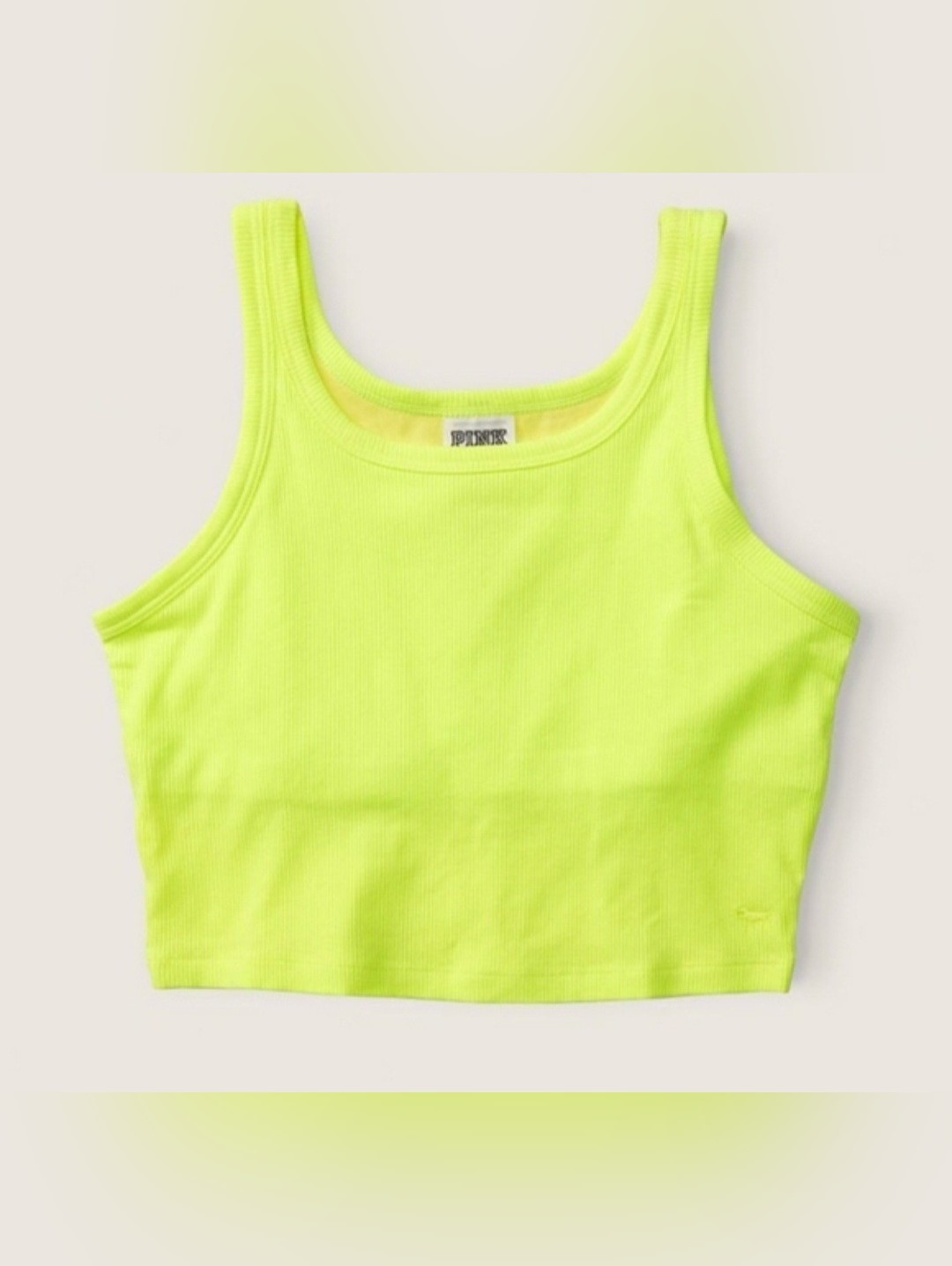 Pink Victoria's Secret Neon Lime Ribbed Crop Tank Cotton Blend Built Bra Small
